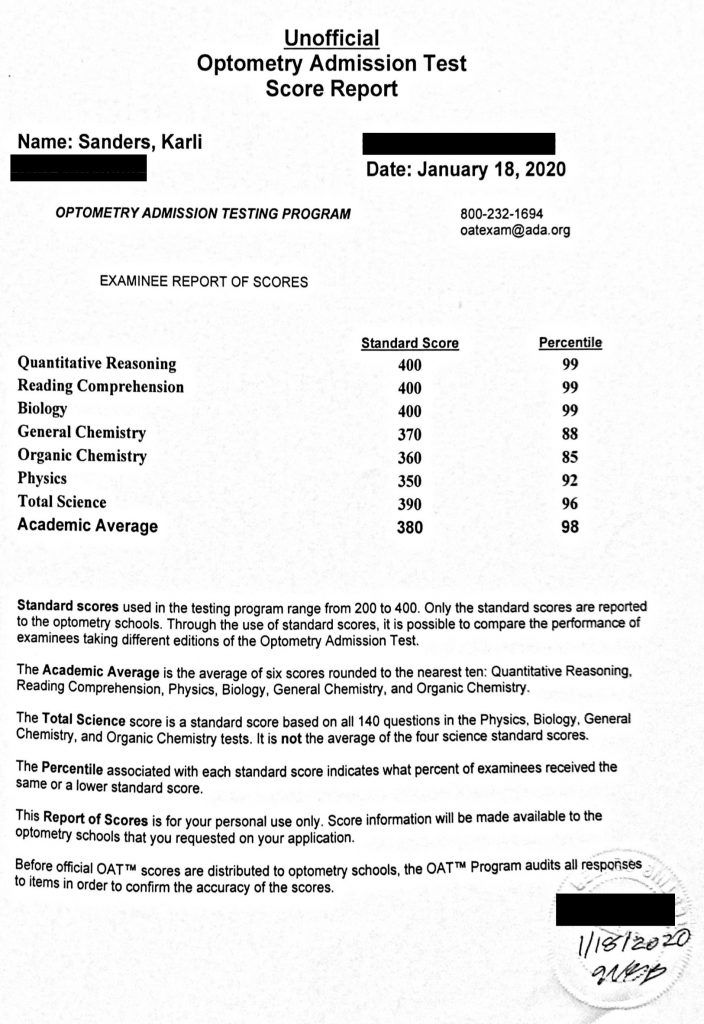 Karli Sanders Optometry Admission Test OAT Scores