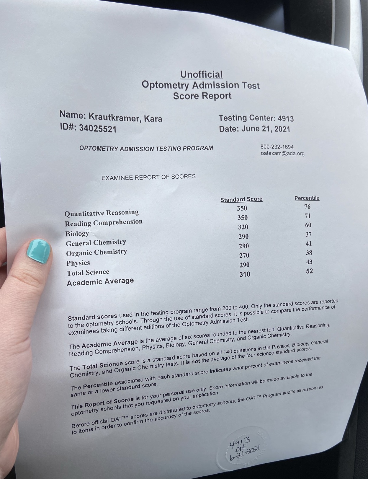 Optometry Admission Test - Kara Krautkramer OAT Exam Score Report